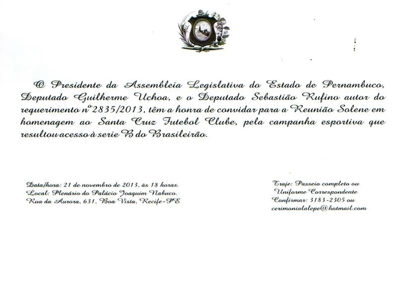 ALEPE homenageia Santa Cruz pelo acesso à Série B 2014.